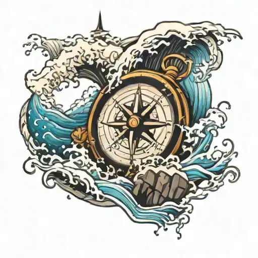 compass mountain ocean wave crashing tattoo design idea