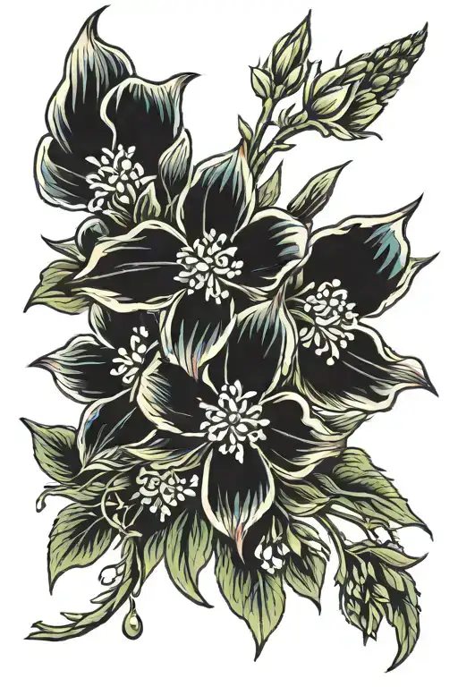 yucca flower, texas bluebonnet, apple blossom, columbine flower colored half sleeve tattoo tattoo design idea