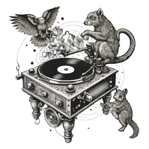 An intricate dotwork tattoo of a record player with animals dancing around it tattoo design idea