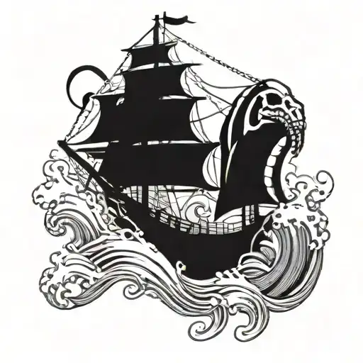 kraken with a skull attacking a ship on the ocean waves tattoo design idea