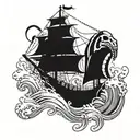 kraken with a skull attacking a ship on the ocean waves tattoo design idea