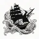 kraken with a skull attacking a ship on the ocean waves tattoo design idea