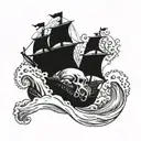 kraken with a skull attacking a ship on the ocean waves tattoo design idea