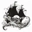 kraken with a skull attacking a ship on the ocean waves tattoo design idea