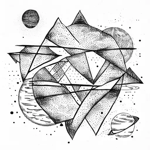One black triangle in the foreground, Three planets in the background, willow tattoo design idea