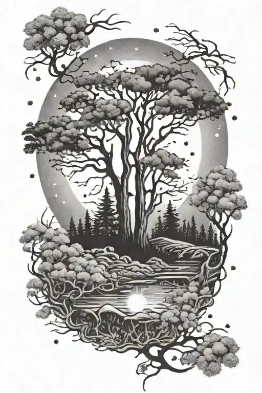 A dreamy forest scene with a full moon shining through the trees tattoo design idea