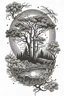 A dreamy forest scene with a full moon shining through the trees tattoo design idea