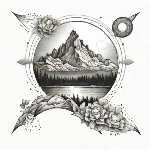 A majestic mountain landscape with a rising sun symbolizing new beginnings and personal growth tattoo design idea