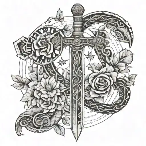 Roman sword wrapped in flowers and snakes with stars tattoo design idea