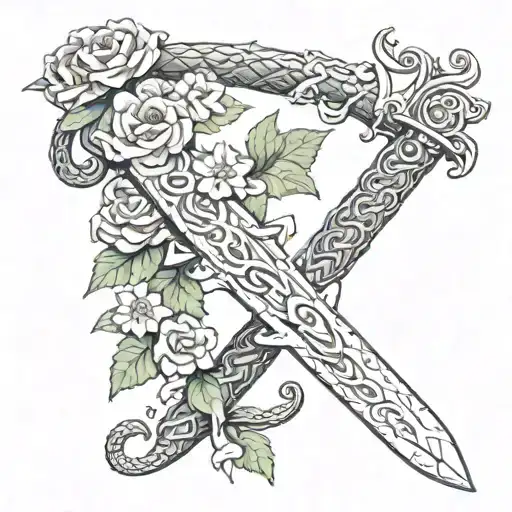Roman sword wrapped in flowers and snakes with stars tattoo design idea