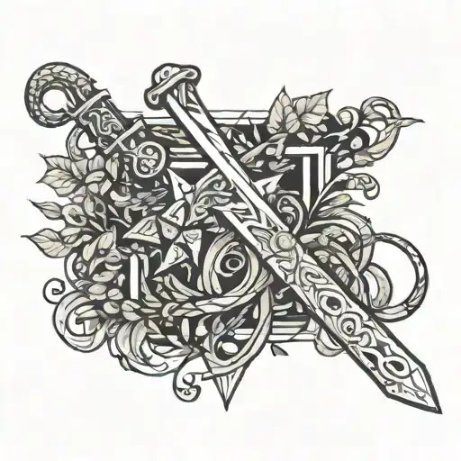 Roman sword surrounded by plants and snakes wrapped with stars  tattoo design idea