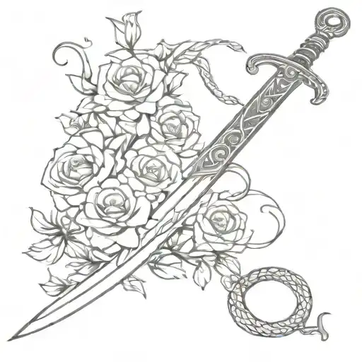 Roman sword wrapped in flowers and snakes with stars tattoo design idea