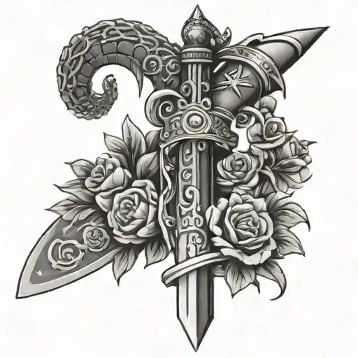 Roman sword wrapped in flowers and snakes with stars tattoo design idea