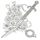Roman sword wrapped in flowers and snakes with stars tattoo design idea