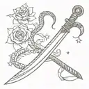 Roman sword wrapped in flowers and snakes with stars tattoo design idea
