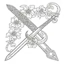 Roman sword wrapped in flowers and snakes with stars tattoo design idea