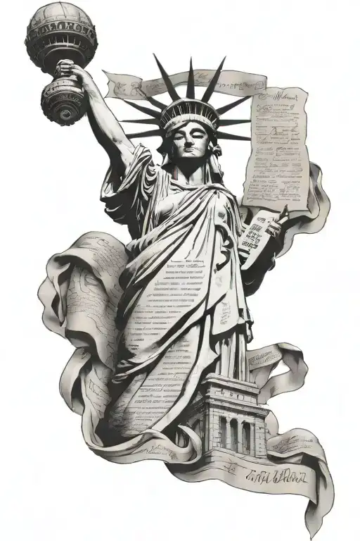 Statue of Liberty with Ten Commandments written tattoo design idea