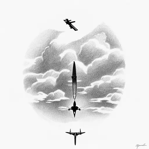 A pilot soaring through the clouds, with a silhouette of a cattle ranch below, representing the client's occupation and love for animals tattoo design idea