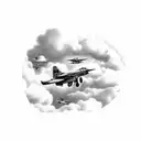 A pilot soaring through the clouds, with a silhouette of a cattle ranch below, representing the client's occupation and love for animals tattoo design idea