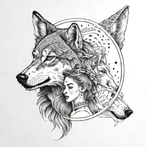 girl holding mirror and wolf staring back tattoo design idea