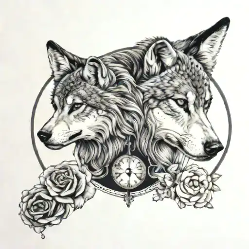 girl holding mirror and wolf staring back tattoo design idea