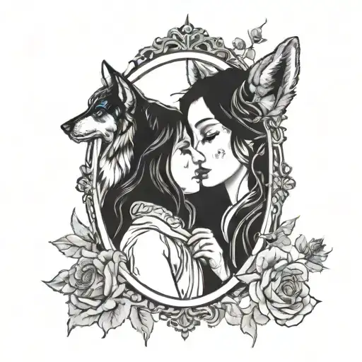 girl holding mirror and wolf staring back tattoo design idea