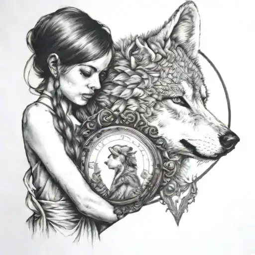girl holding mirror and wolf staring back tattoo design idea