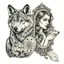 girl holding mirror and wolf staring back tattoo design idea