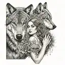 girl holding mirror and wolf staring back tattoo design idea