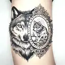 girl holding mirror and wolf staring back tattoo design idea