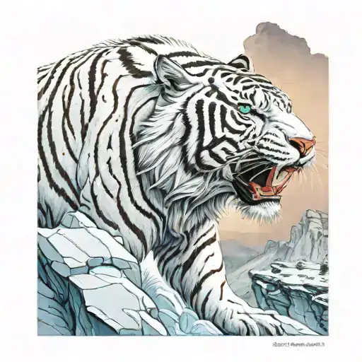 white tiger fire on right side on the peak of a cliff. perspective from behind him  ice on left side  tattoo design idea