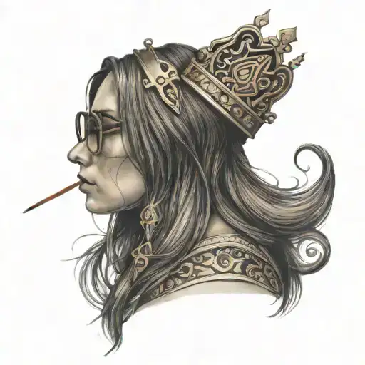 girl in profile, very long aquiline nose, glasses, long straight brown hair, ace of spades card, crown tattoo design idea