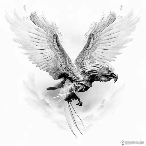 A black and grey portrait of a griffin in flight, with intricate feather details resembling various bird species. tattoo design idea