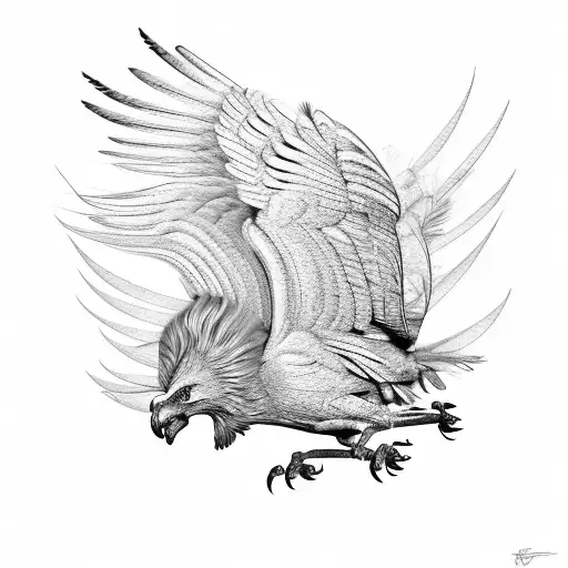 A black and grey portrait of a griffin in flight, with intricate feather details resembling various bird species. tattoo design idea