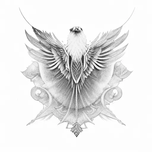 A black and grey portrait of a griffin in flight, with intricate feather details resembling various bird species. tattoo design idea