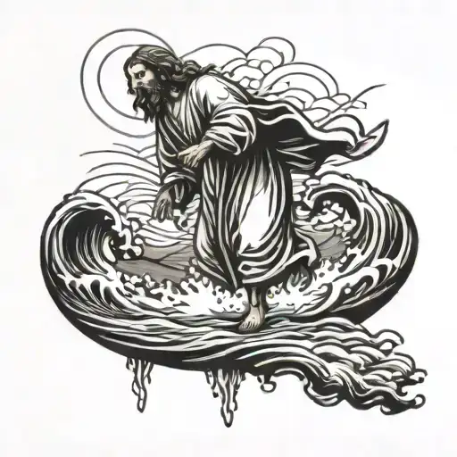 A modern interpretation of Jesus walking on water, with the words 'Il Signore è dalla mia parte; Non avrò paura. Cosa può farmi l'uomo?' incorporated into the design tattoo design idea