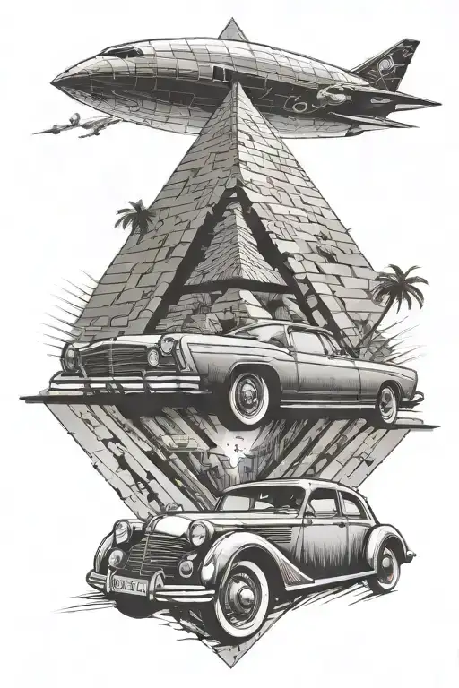 A retro car driving through a pyramid tunnel with a sci-fi twist tattoo design idea