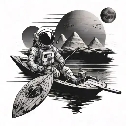 An astronaut listening to music and steering a boat along the river nile going towards the pyramids  tattoo design idea