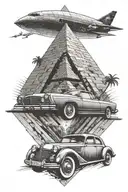 A retro car driving through a pyramid tunnel with a sci-fi twist tattoo design idea