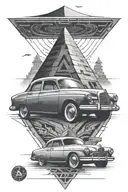 A retro car driving through a pyramid tunnel with a sci-fi twist tattoo design idea