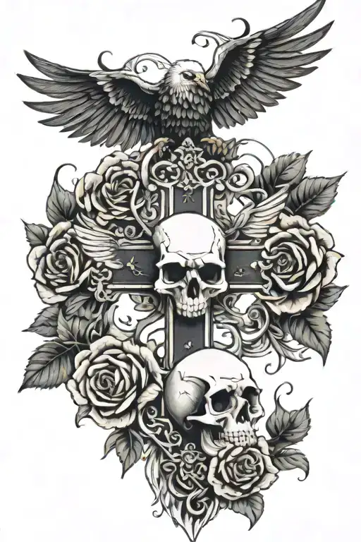 Cross with eagle wings, 2 skulls with 1 skull on the bottom left and bottom right of the cross with black roses tattoo design idea
