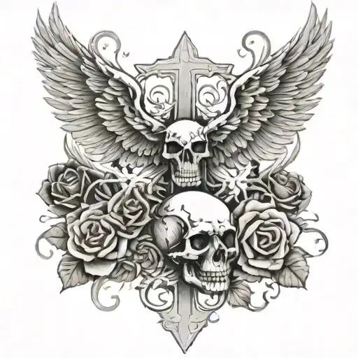 Cross with eagle wings, 2 skulls with 1 skull on the bottom left and bottom right of the cross with black roses tattoo design idea