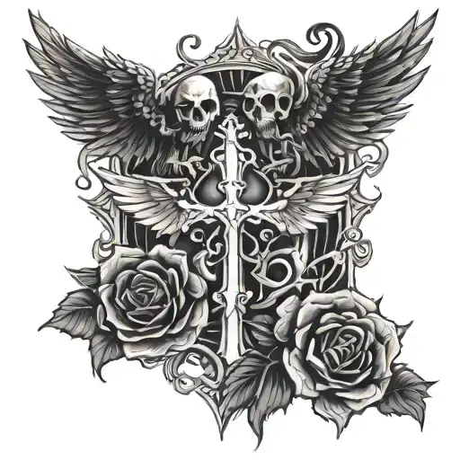 Cross with eagle wings, 2 skulls with 1 skull on the bottom left and bottom right of the cross with black roses tattoo design idea