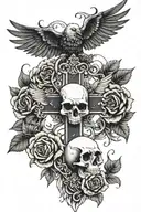 Cross with eagle wings, 2 skulls with 1 skull on the bottom left and bottom right of the cross with black roses tattoo design idea
