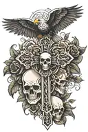 Cross with eagle wings, 2 skulls with 1 skull on the bottom left and bottom right of the cross with black roses tattoo design idea