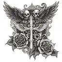 Cross with eagle wings, 2 skulls with 1 skull on the bottom left and bottom right of the cross with black roses tattoo design idea