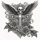 Cross with eagle wings, 2 skulls with 1 skull on the bottom left and bottom right of the cross with black roses tattoo design idea