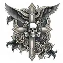 Cross with eagle wings, 2 skulls with 1 skull on the bottom left and bottom right of the cross with black roses tattoo design idea