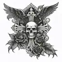 Cross with eagle wings, 2 skulls with 1 skull on the bottom left and bottom right of the cross with black roses tattoo design idea
