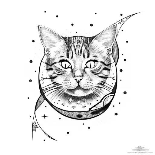 Cat with crystals, moon and stars  tattoo design idea